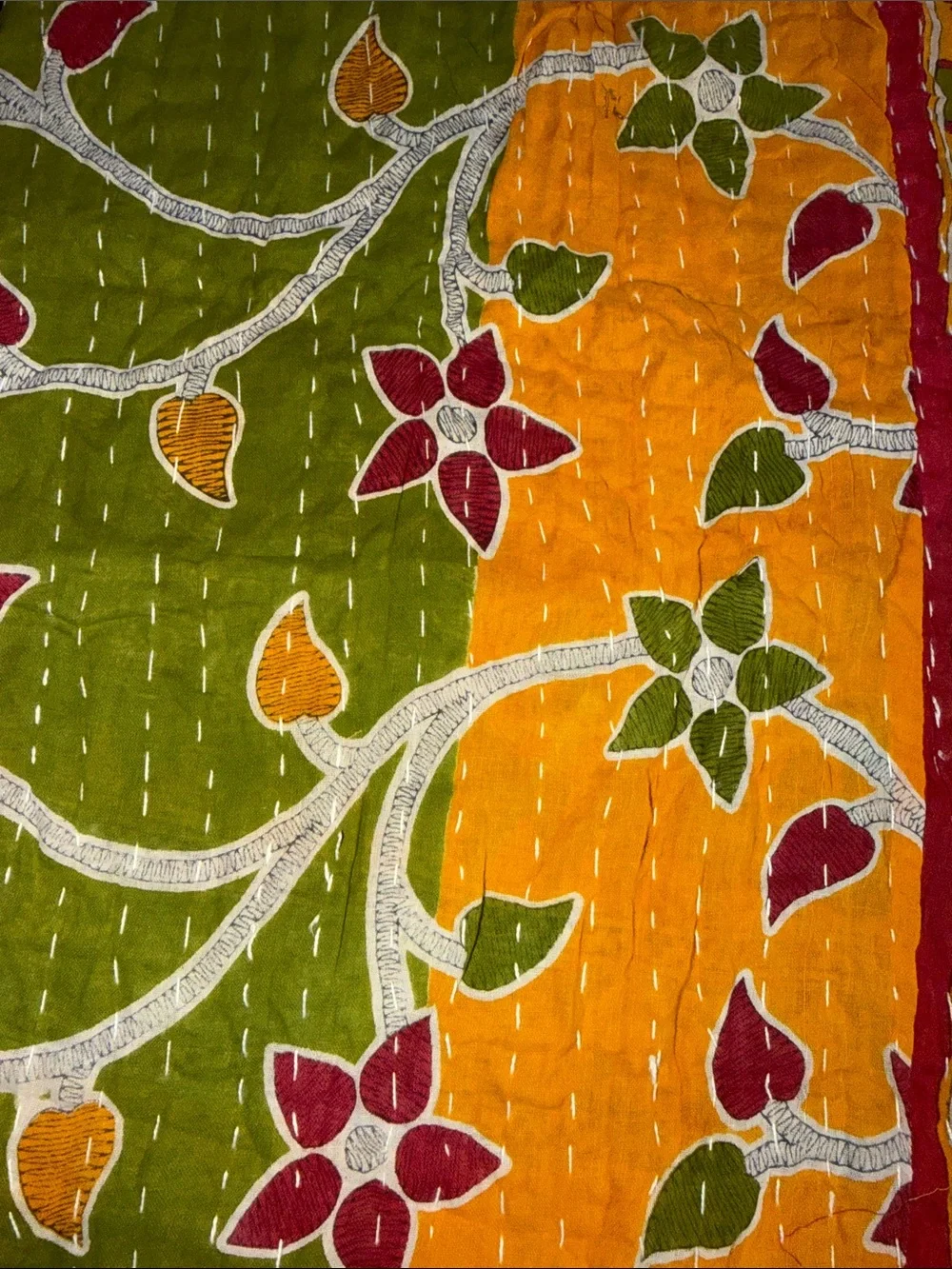 Handcrafted Floral Kantha Quilt - Yellow & Pink
